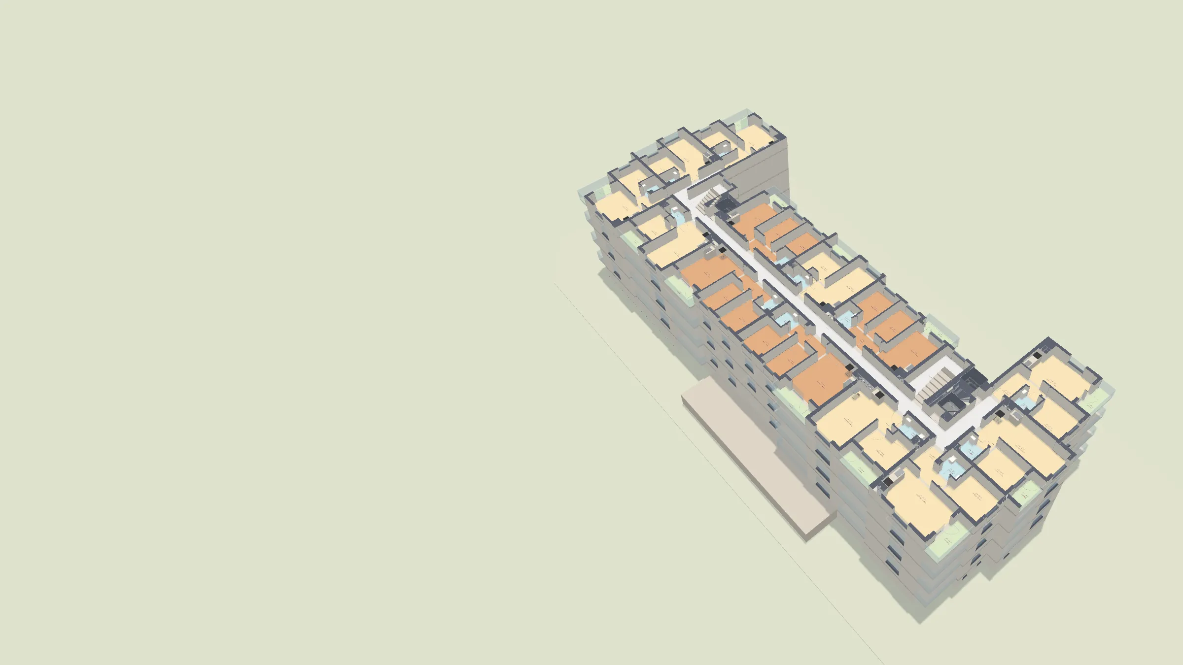 Özdemir Port 3D kat planı: daireler renkli, kat kesiti